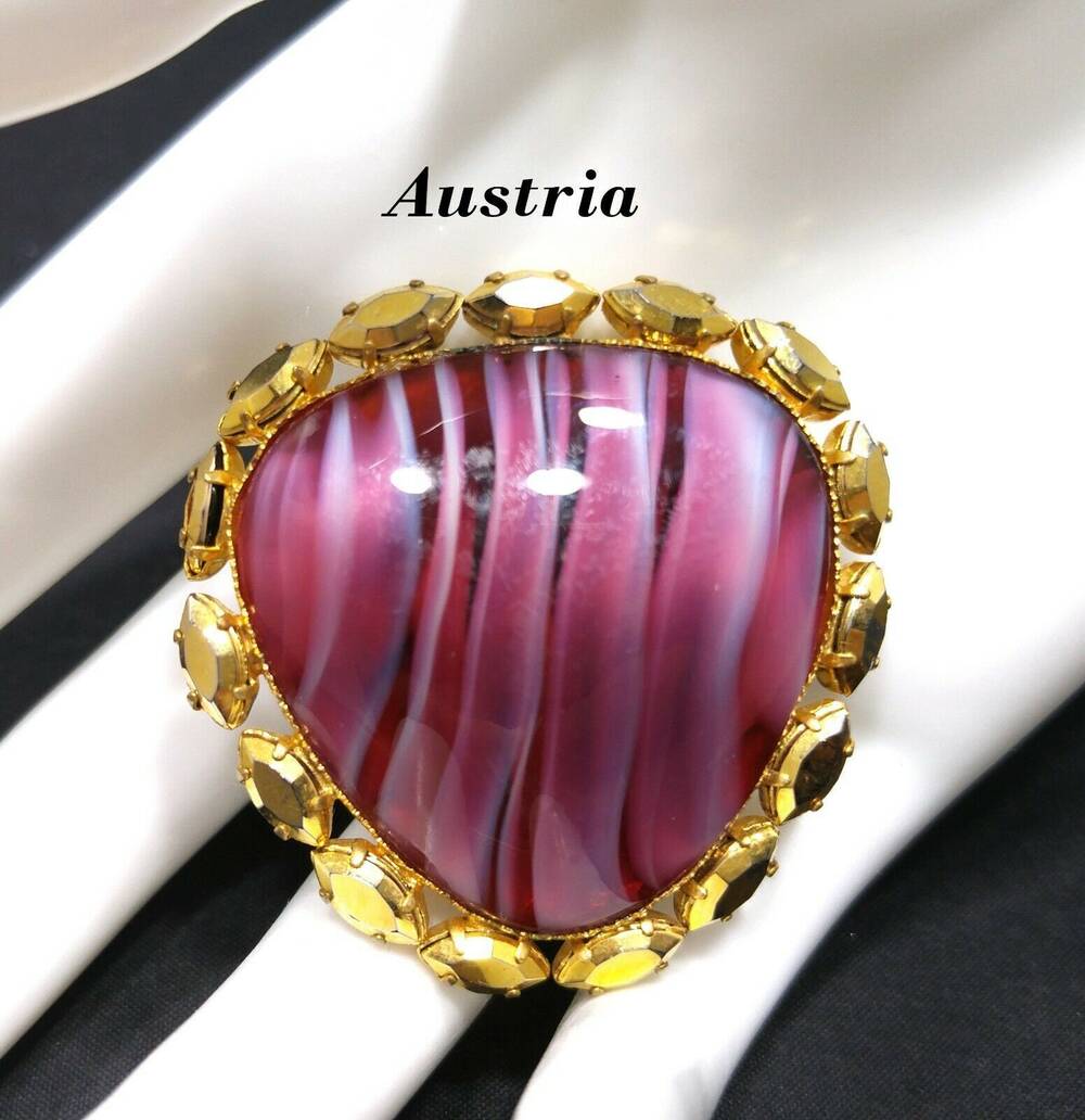 Vintage Austrian Striated Red Art Glass Brooch,  Gold Rhinestones Frame, 1 3/4"